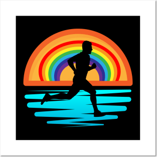 Silhouette sprint on rainbow background Posters and Art